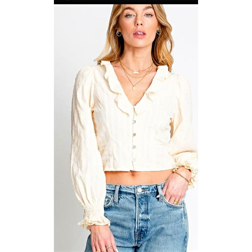 Monte Ivory Textured V-Neck Puff Long Sleeve Ruffle Button Cropped Blouse M